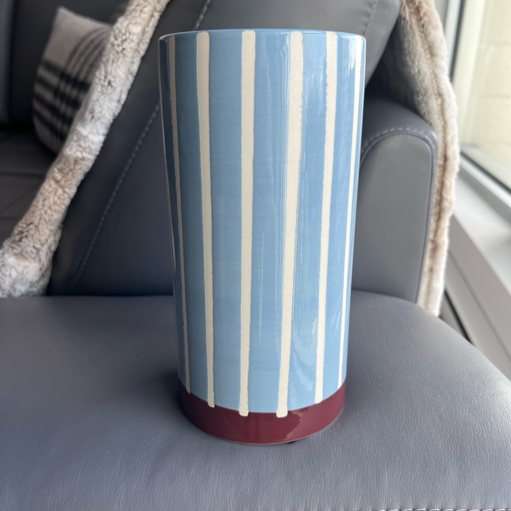 Blue/Ivory/Burgundy Striped Ceramic Vase
